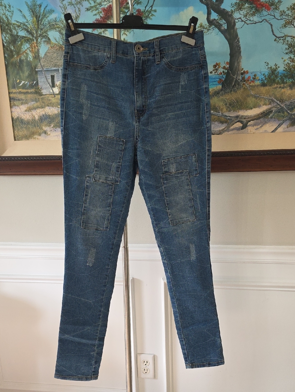 Skinny Patch-Detail Jeans in Blue Stretch Denim